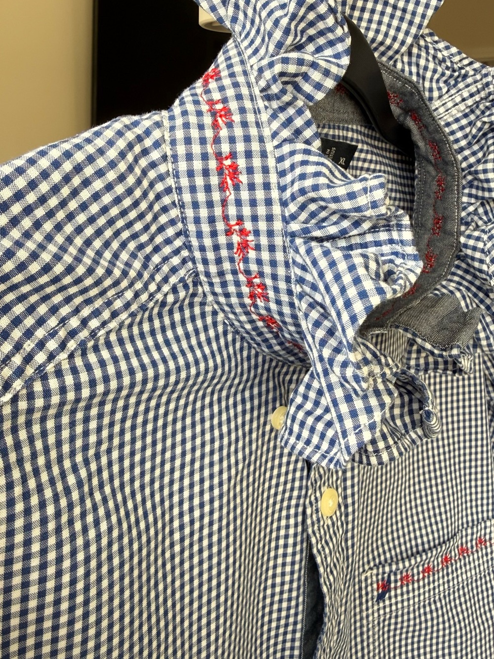 Reloved Upcycle ♻️ Blue and White Gingham Americana Shirt with Red Embroidery